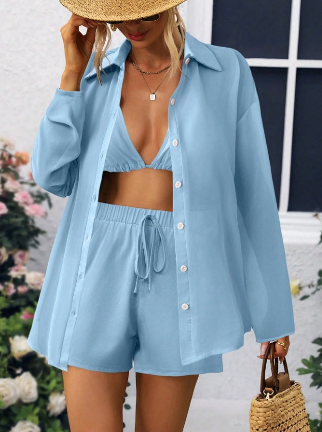 Casual Women's Transparent Long Sleeved Shirt Set